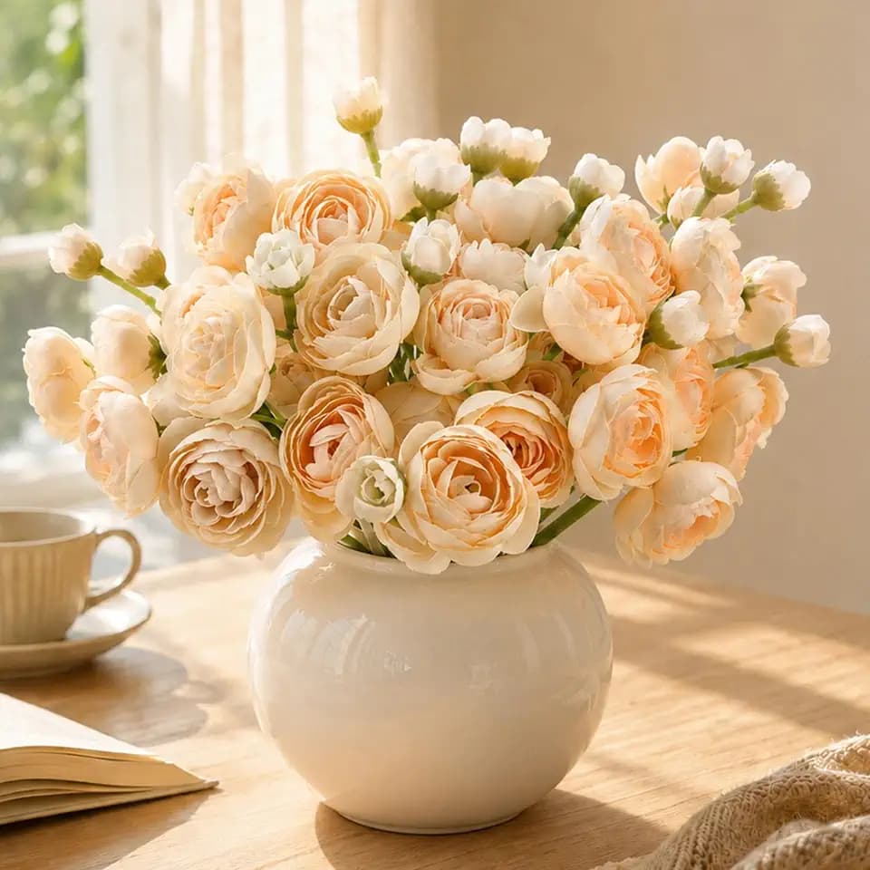 24 Stems Champagne Ranunculus Artificial Flowers for Small Vase