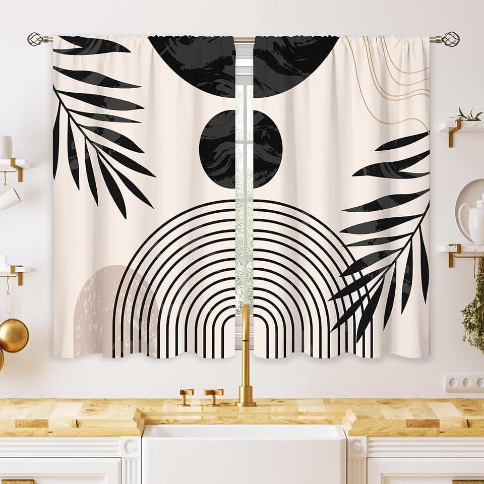 Grey Beige Abstract Mid Century Small Kitchen Curtains Leaf Window Treatment Boho Modern Cafe Short Curtains for Bathroom Dining Room Minimalist Geometric Tier Treatment Drapes 27.5x39 inch