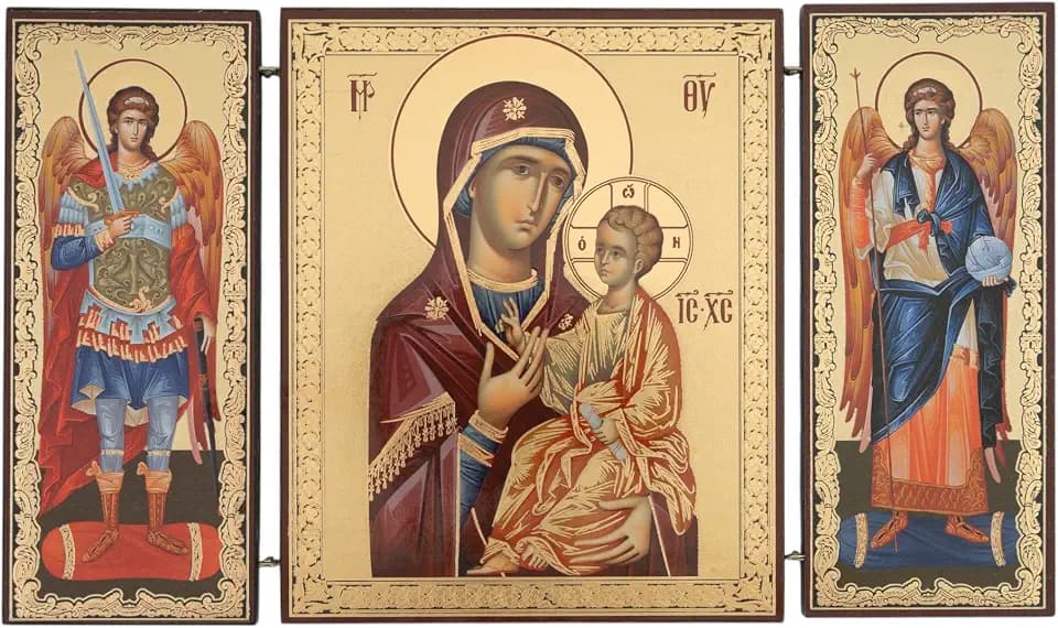 BlessedMart Orthodox Triptych Icon – Folding Wooden Byzantine Icon – Christian Religious Home Decor & Gift (Virgin Mary Hodegetria)