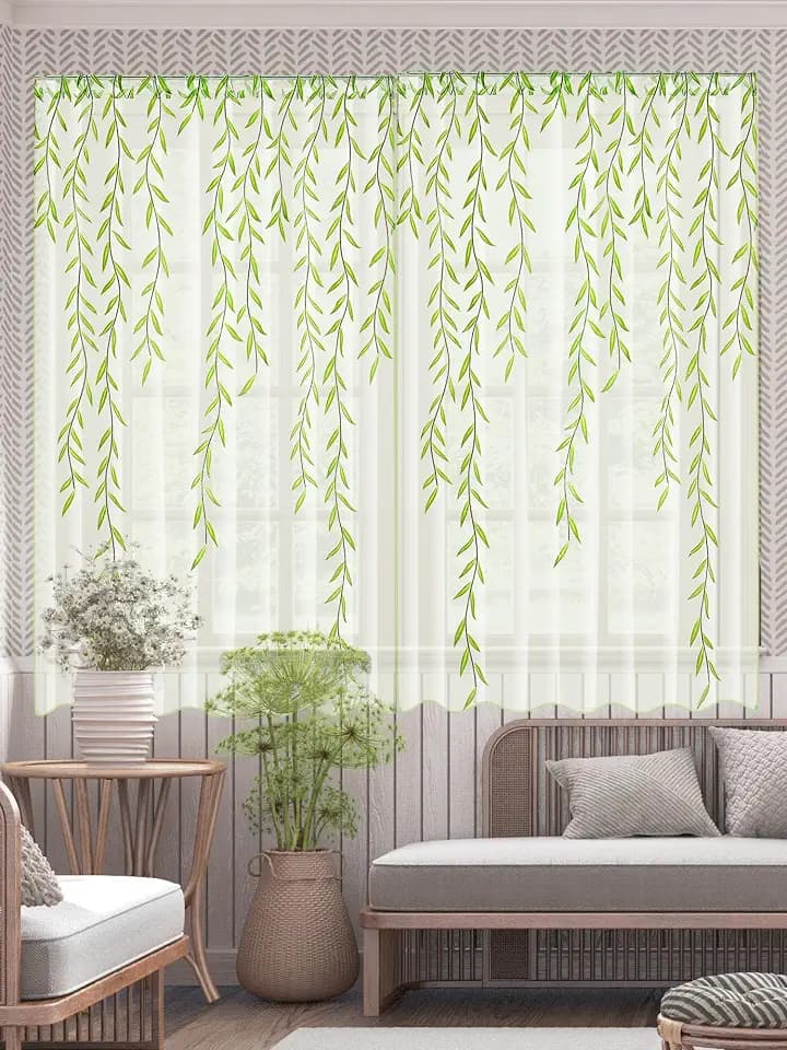 Breling Willow Voile Curtains Cute Green Sheers Leaf Tulle Vine Window Sheers Ivy Pretty Curtain for Living Room Bedroom Window Door Balcony(39.4 x 63 Inch,Print Style,2)