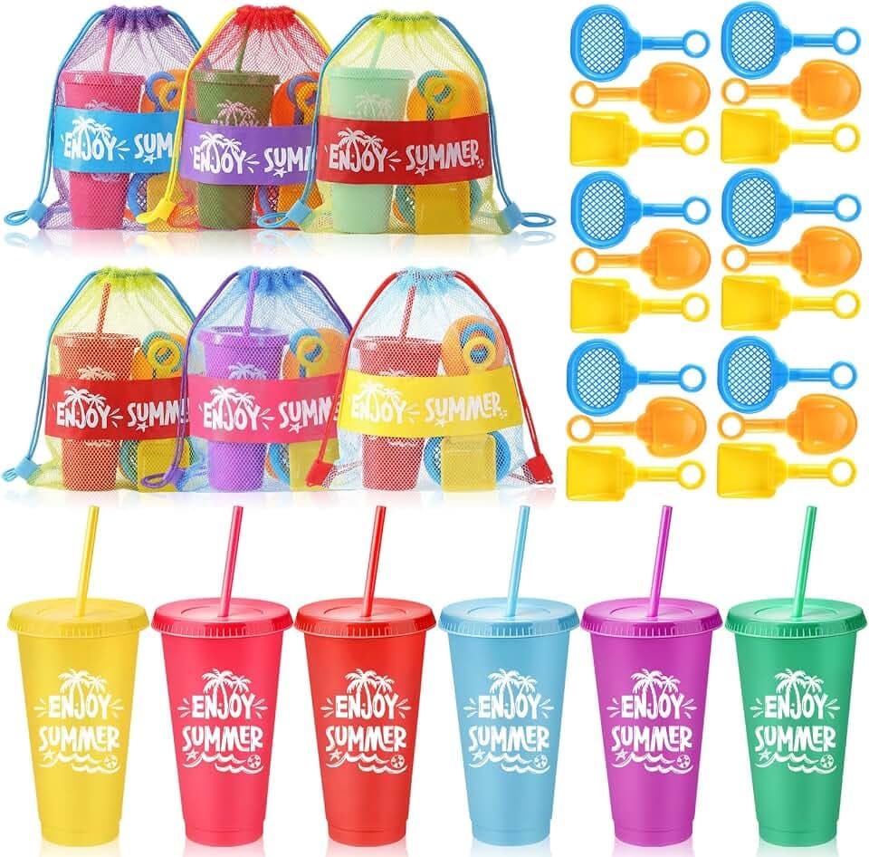 Honeydak 6 Set Summer Gift for Kids Beach Party Favors Summer Mesh Drawstring Bag Pool Tumbler Beach Shovels Bulk for Pool Party Favors Gifts Birthday Decor