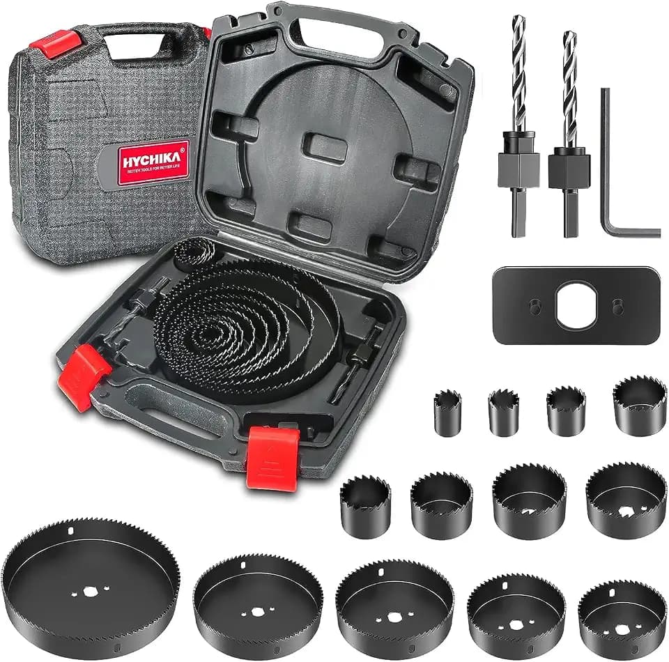 Hole Saw Set HYCHIKA 19 Pcs Hole Saw Kit with 3/4"-6"(19-152mm) 13Pcs Saw Blades, 2 Mandrels, 2 Drill Bits, 1 Installation Plate, 1 Hex Key, Ideal for Soft Wood, Plywood, Drywall, PVC