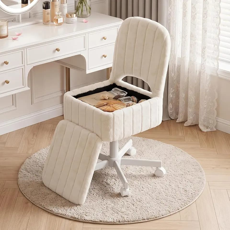 Garvee Large Vanity Stool Chair with Storage and Folding Back, Height Adjustable Lift Ottoman with 360° Swivel and Quiet Wheels, Soft Faux Fur Seat Stool for Makeup Bedroom Office, White