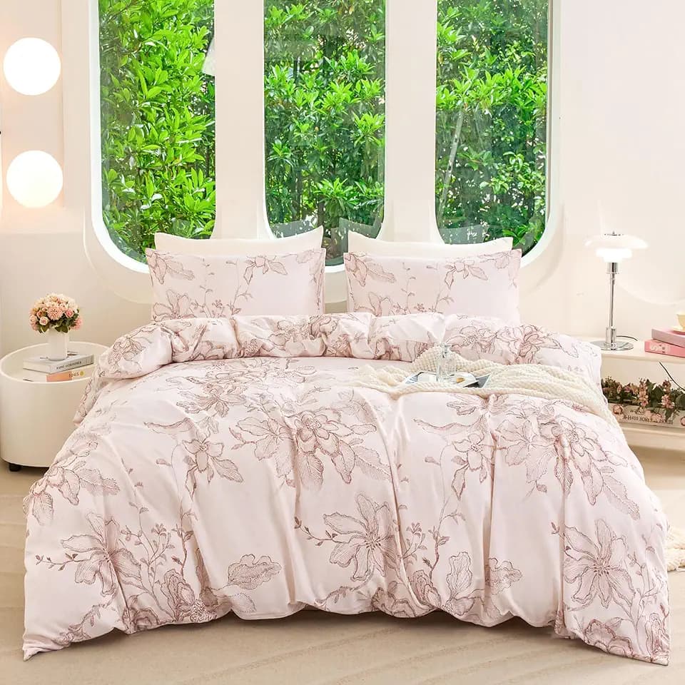 Zusbest Pink Floral Duvet Cover Set Queen 100% Double Brushed Cotton, Extra Soft Breathable Vintage Toile Printed Luxury Flower Comforter Cover with Zipper, Soft Skin-Friendly, 3Pcs-Not Comforter