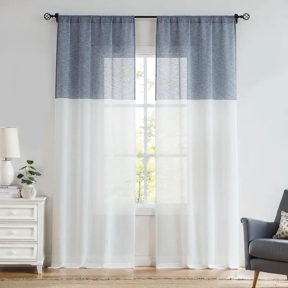 Central Park Navy and White Stripe Sheer Color Block Window Curtain Panel Linen Drape Treatment for Bedroom Living Room Farmhouse 63 inches Long with Rod Pocket,2 Panel Rustic Living Panels