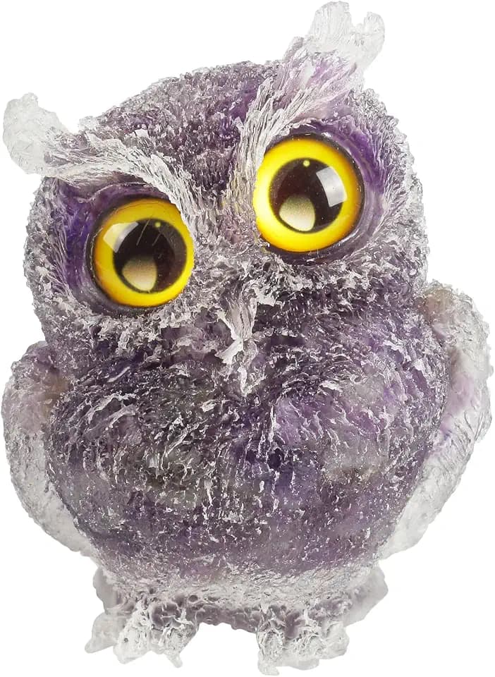 Crystal Owl Figurine 60mm – Gemstone Chip Resin Owl Statue for Desk Shelf Decor, Thoughtful Gift for Crystal Lovers, Birthday Housewarming, Amethyst