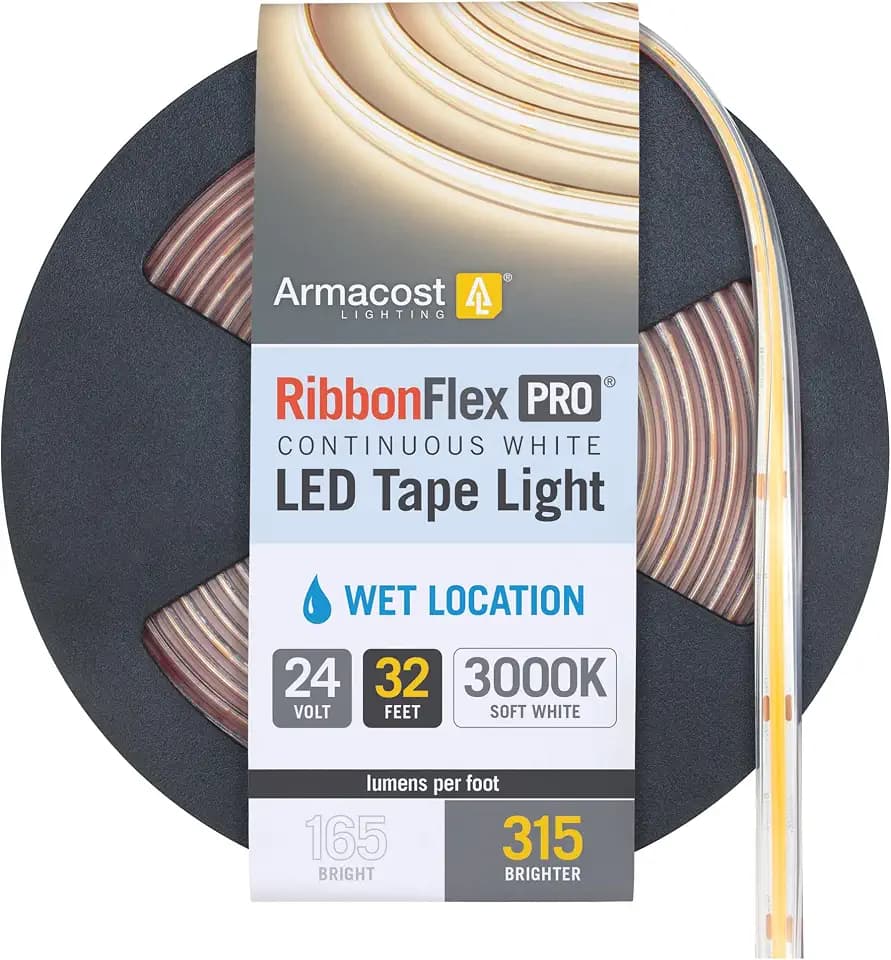 Armacost Lighting RibbonFlex Pro COB Outdoor LED Strip Lights 24V, 3000K, 315 Lumens/Ft, 10M 172252N