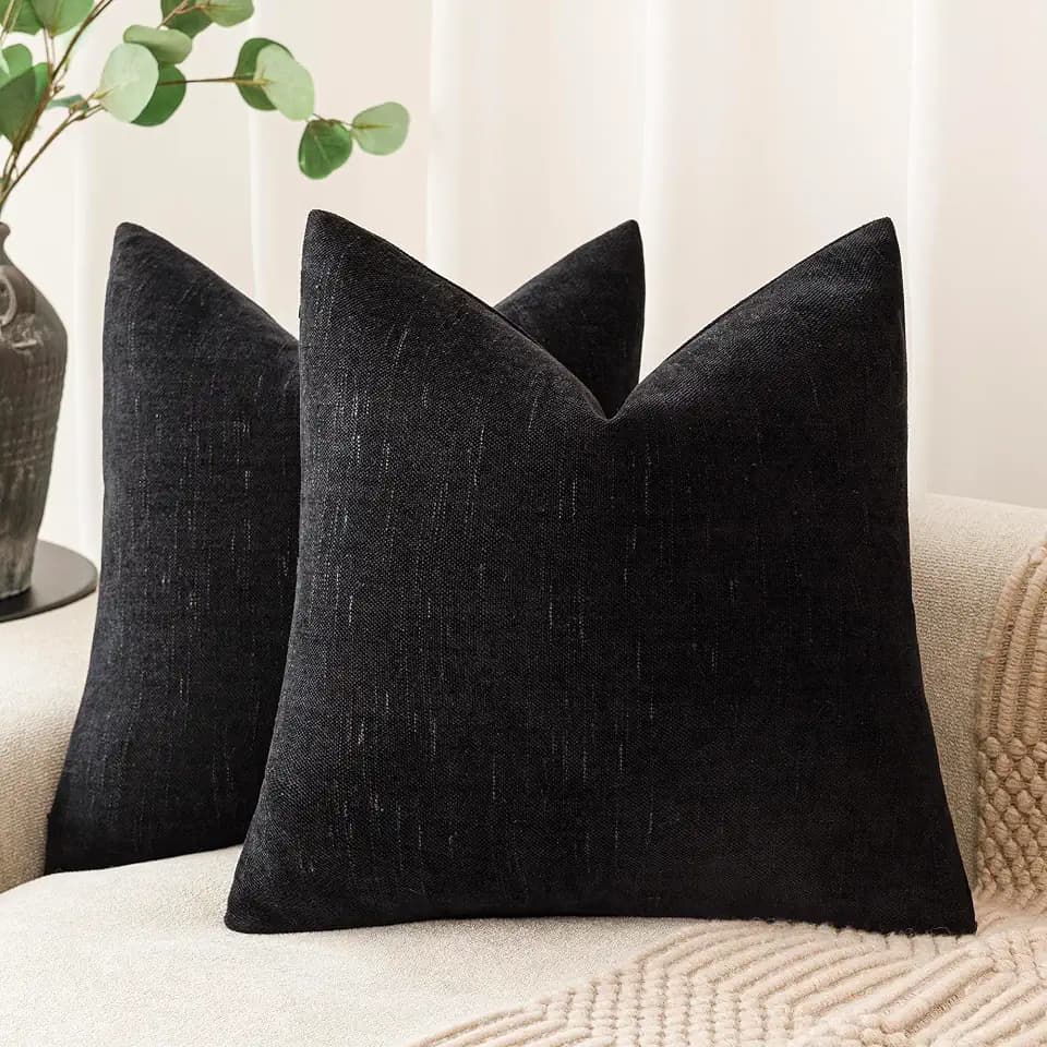 Foindtower Solid Textured Chenille Throw Pillow Covers 20x20 Inch,Black