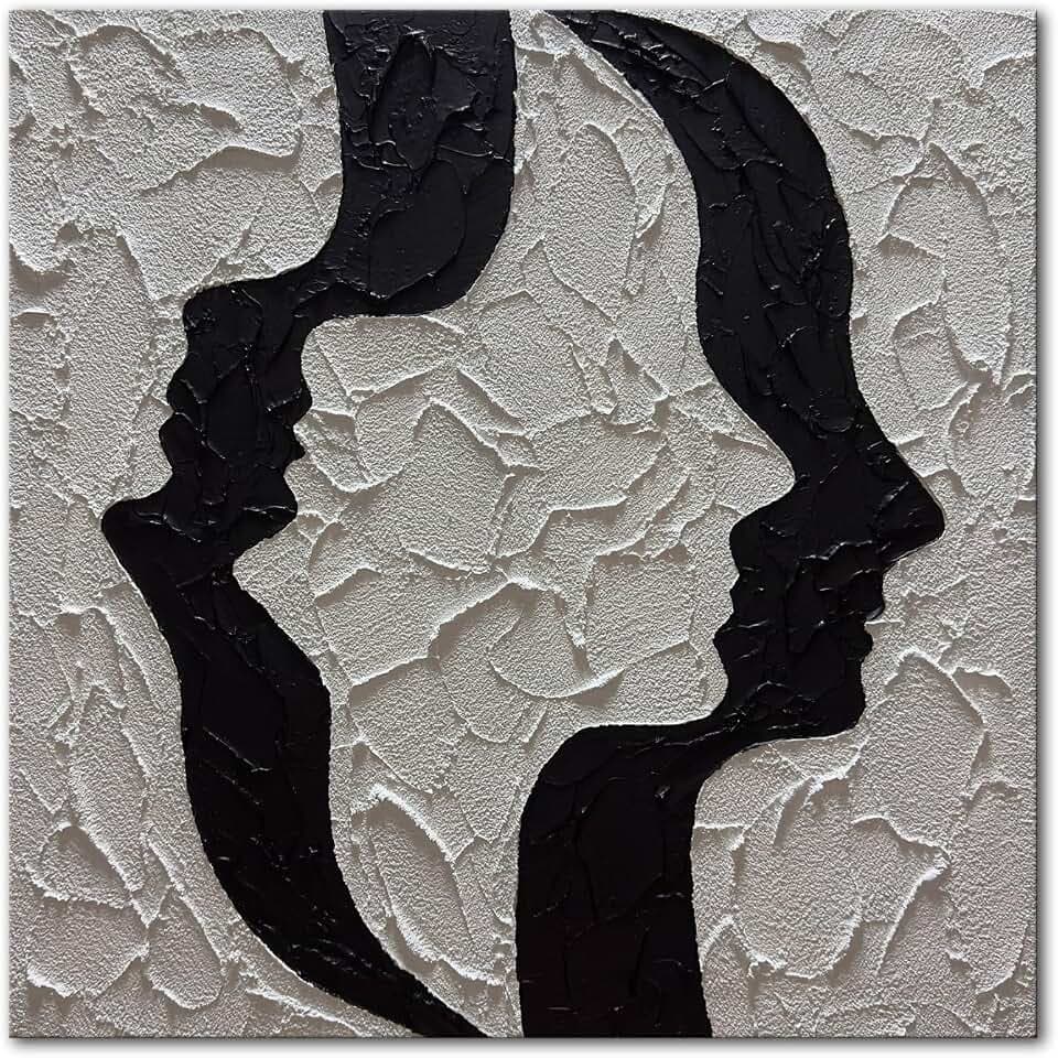 zoinart Hand Painted Black and White Abstract Two-Faced Person Wall Art, 3D Oil Painting on Canvas Thick Textured Minimalist Artwork for Home Decoration Wall Decor