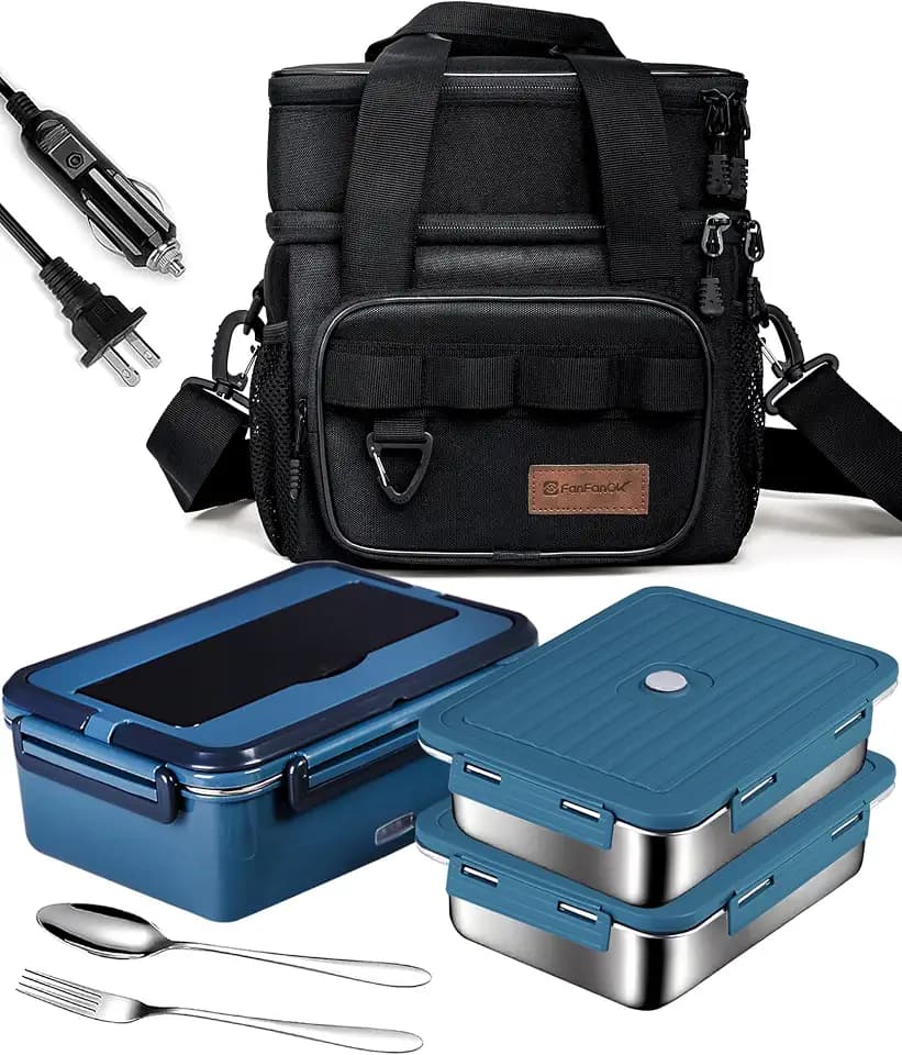 Electric Lunch Box Food Heater 80W Heated LunchBoxes for Adults Work/Car/Truck/Home, 1.8L Portable Food Warmer Heating Lunchbox with Insulated Lunch Bag 12V 24V 110V