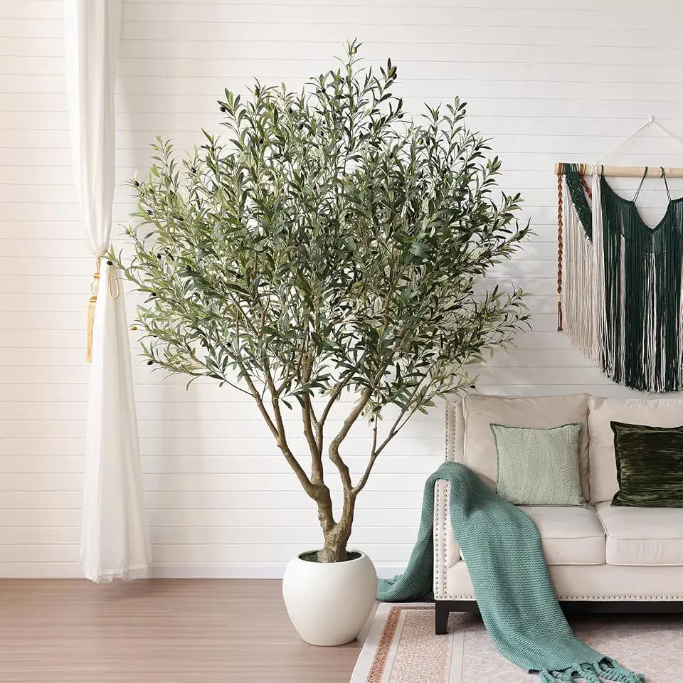 VeriNatural Olive Trees Artificial Indoor, 8FT Tall Faux Olive Tree with Round White Planter, UV Resistant Outdoor Large Fake Olive Plants for Modern Home Decor Living Room Office