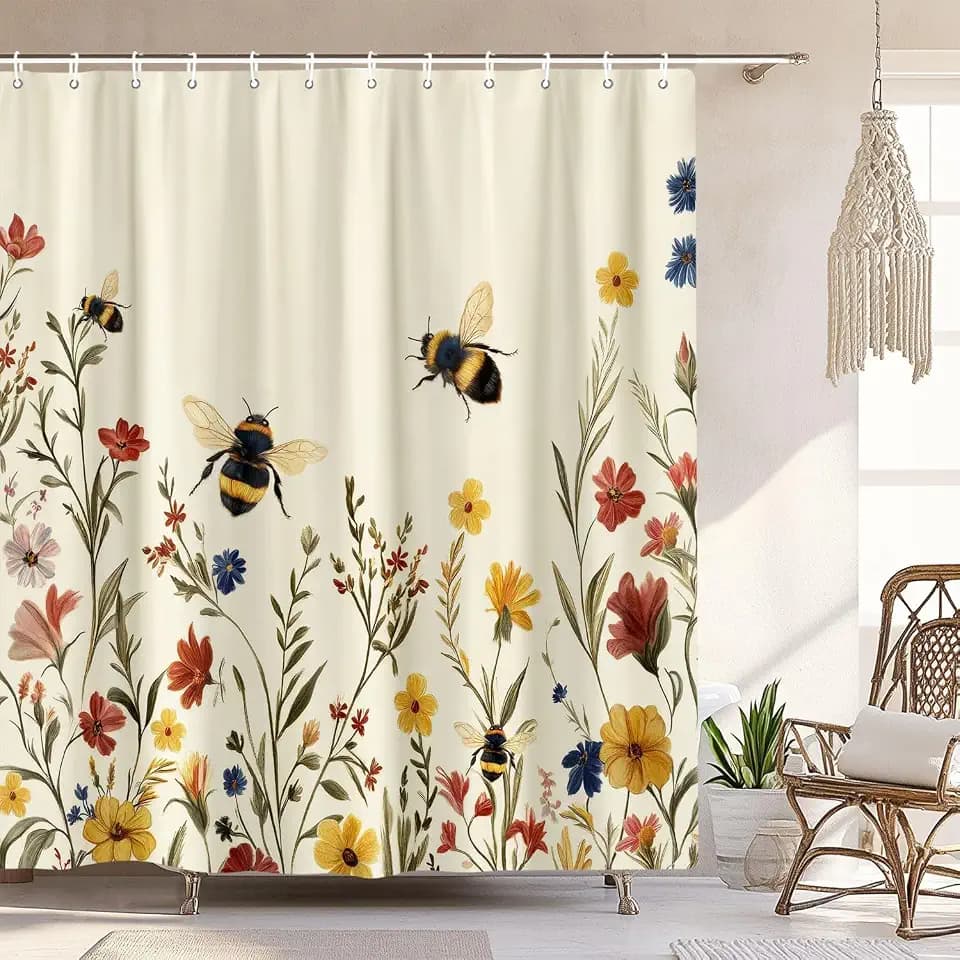Rustic Boho Floral Bee Shower Curtain, Vintage Chic Bee Botanical Floral Farmhouse Cottagecore Aesthetic Shower Curtain Set with Hook, Nature Garden Plant Shower Curtain for Bathroom 72X78 Beige