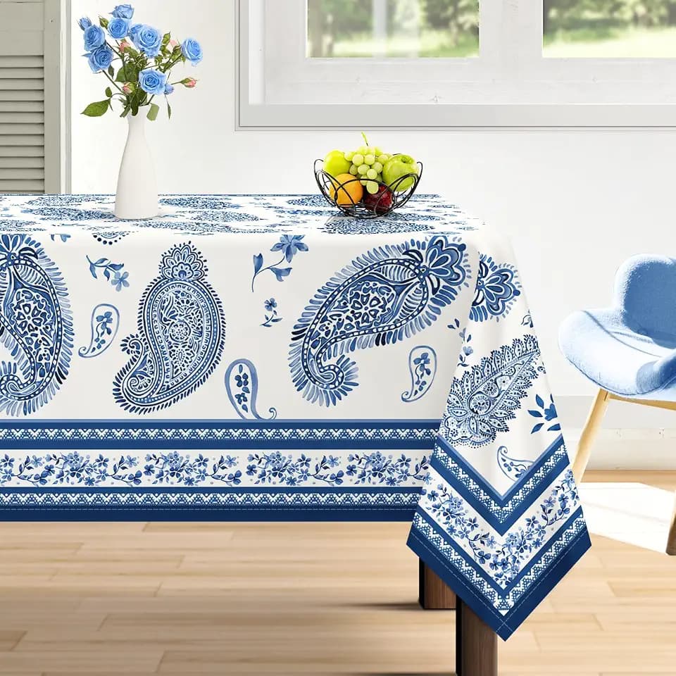 Blue Paisley Tablecloth Waterproof, French Country Floral Table Cloth Rectangle Stain Resistant, Washable Table Cover for Home Kitchen Dining Party Decoration (55×70 Inch)