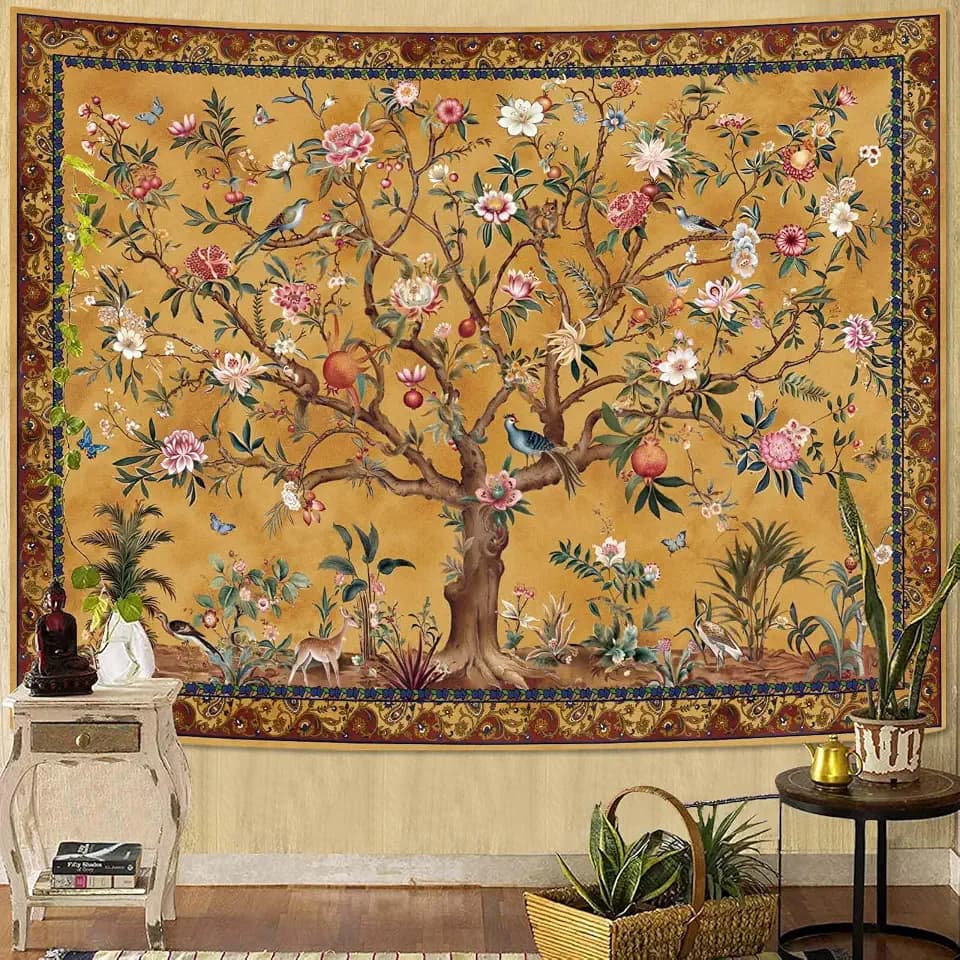 Faxdong Boho Tree of LIfe Tapestry, Vintage Flower Leaves Birds Plant Animal Pattern Tapestries, Retro Indian Bohemian Aesthetic Wall Hanging Orange Yellow 60×80 inch