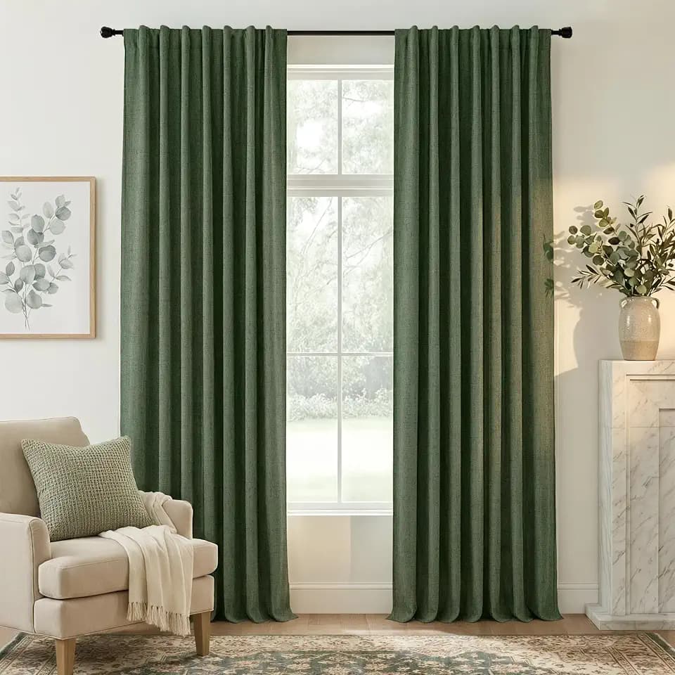 RYB HOME Olive Green 100% Blackout Linen Curtains 84 Inch Long for Office