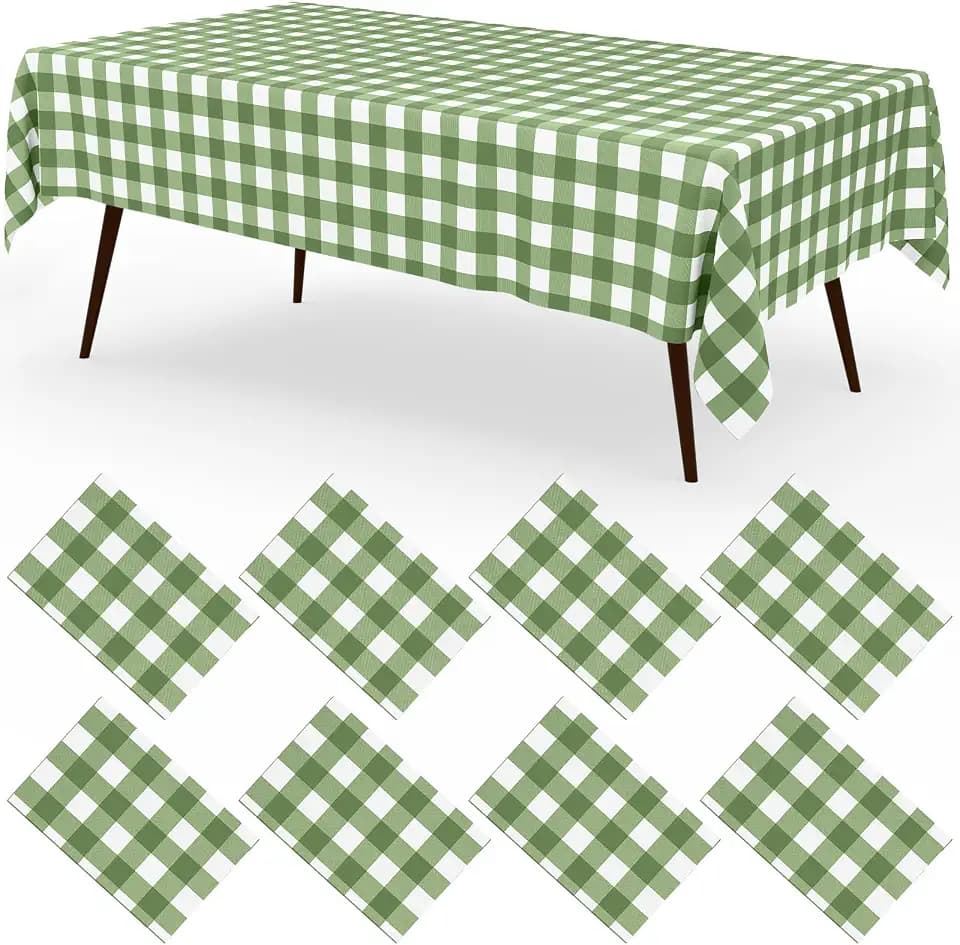 misaya 8 Packs Buffalo Disposable Table Cloth, 54 x 108 Inch Waterproof Plastic Tablecloth, Rectangle Sage Green and White Checkered Table Covers for Picnic, Birthday, Party