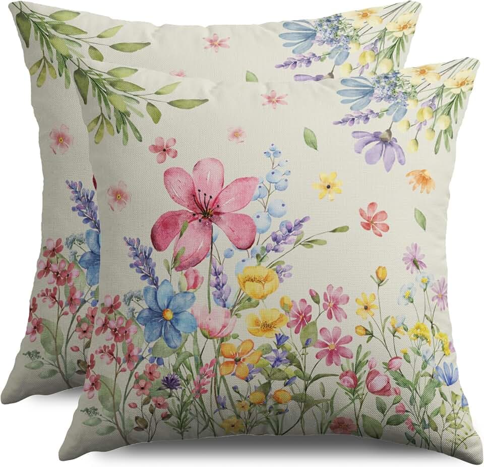 Spring Floral Pillow Covers 18X18 Set of 2, Pink Blue Yellow Green Colorful Watercolor Flower Easter Decorative Throw Pillow Covers Outdoor Seasonal Farmhouse Cushion Cases Couch Sofa Bed Decor