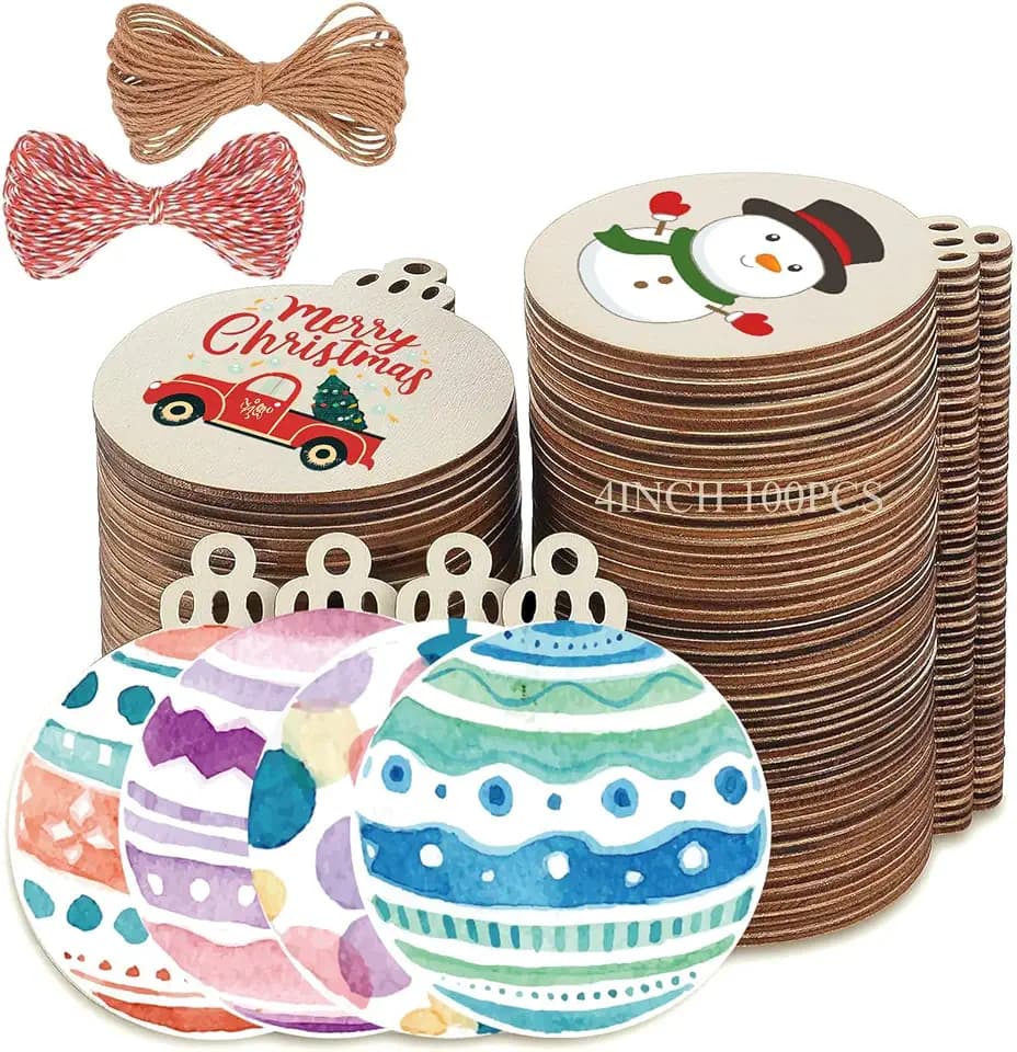 4" 100PCS Christmas Wooden Ornaments Unfinished, DIY Christmas Crafts for Kids Wood Slices DIY Crafts Supplies for Girls Adults, Xmas Ornaments Holiday Decoration