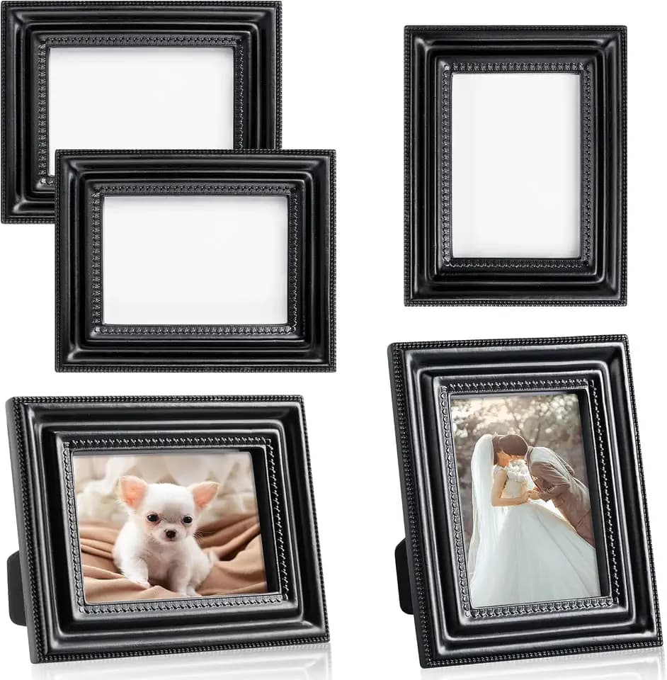 Qunclay 10 Small Frame Pack, Gold Black White Mini Vintage Frames, 2.5x3.5 Wallet Size Tiny Antique Picture Ornate for Wall Hanging Tabletop Art Display Retro Wedding Home Decor (Black,Classic)