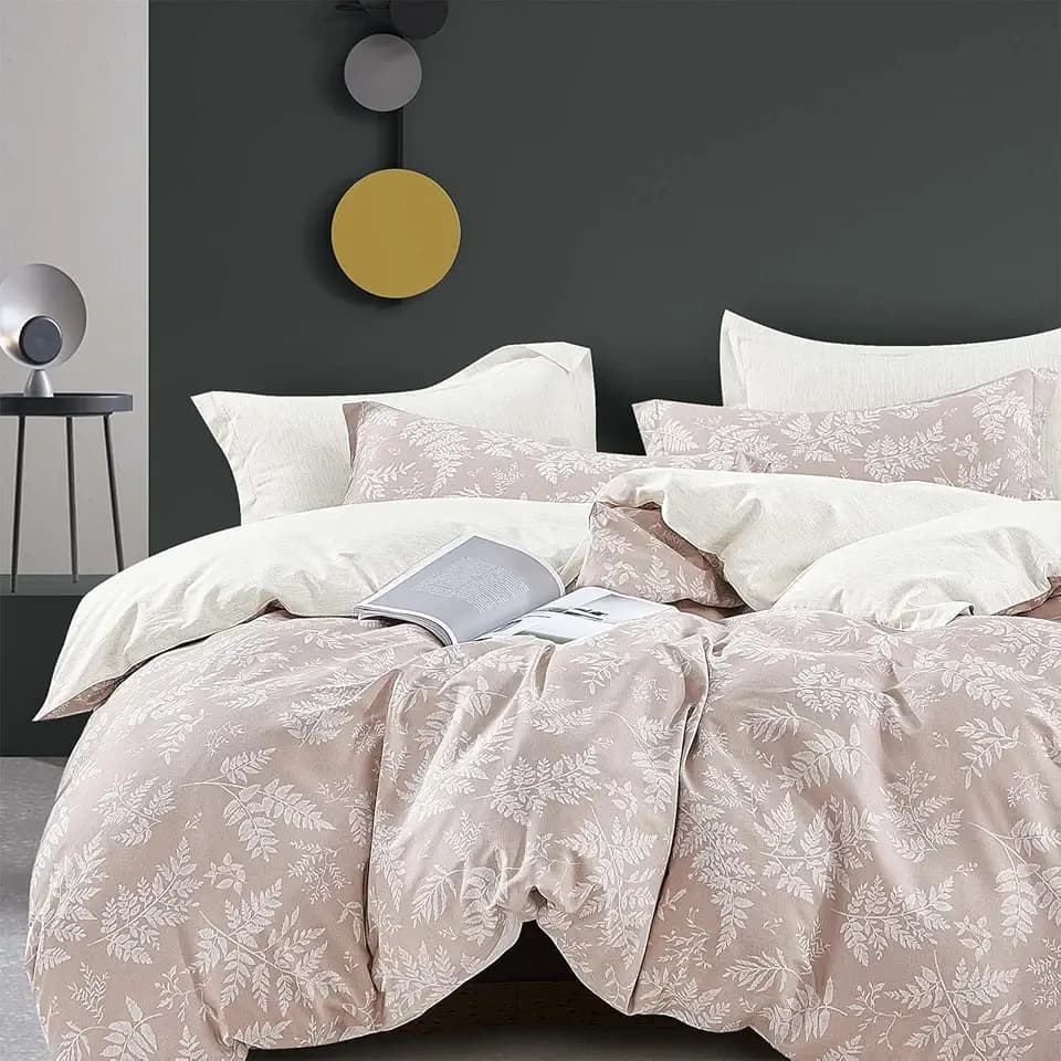 ALEISSEL Elegant Blush Beige Botanical Cotton Duvet Cover Set Twin Size 2PC