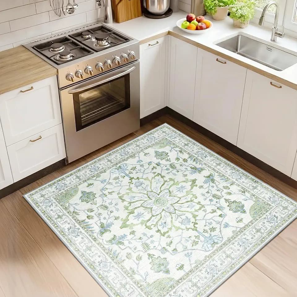RELEANY Washable Area Rug, Square 4'x4', Green/White/Blue
