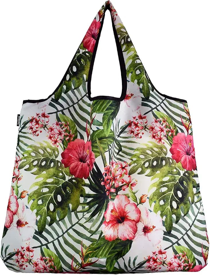 Jumbo Reusable Bags, Fashionable Heavy-Duty Shopping & Grocery Bags, Washable & Foldable, 55 lb Capacity, Tropical Garden