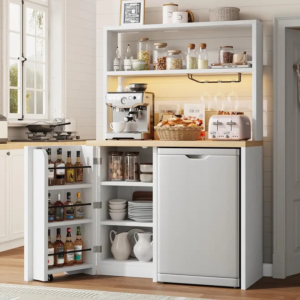 Jocoevol Mini Fridge Stand with Storage, Microwave Stand with Power Outlets and Glass Holder, Kitchen Rack, Farmhouse Design Bakers Rack with Storage for Living Room, Entryway, White