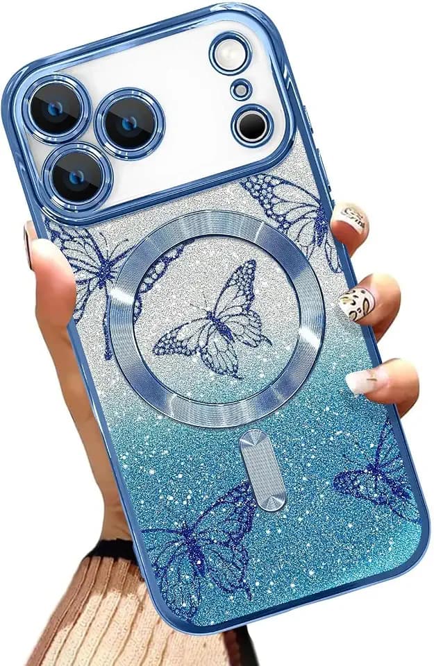 Glitter Phone Case for iPhone 17 Pro Max 6.9 Inch, Blue Butterfly