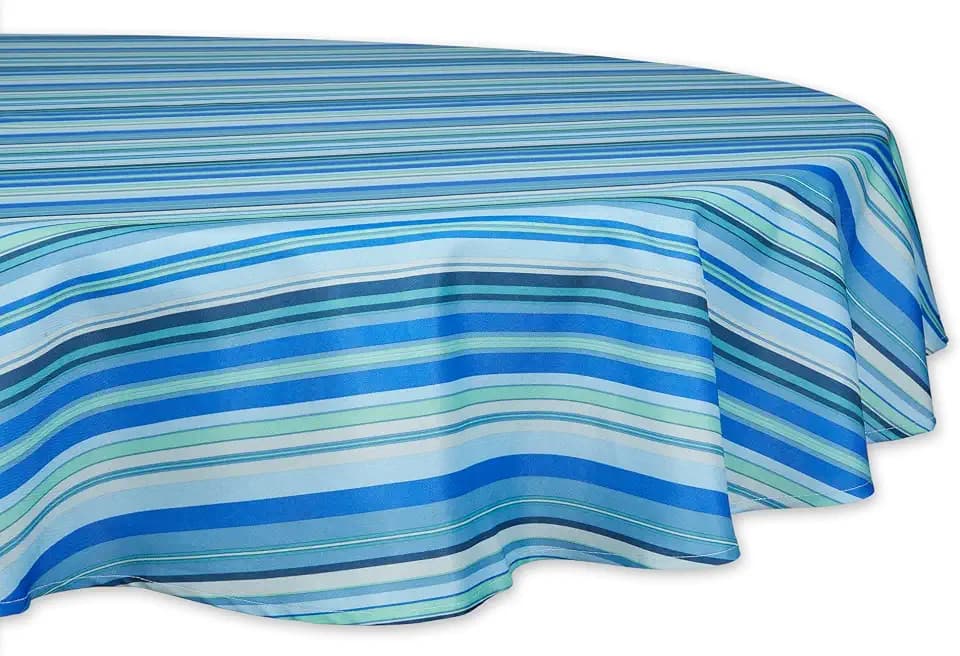 DII Summer Stripe Outdoor Tabletop Collection, Multi-use, Machine Washable, Tablecloth, 60" Round, Blue Ocean