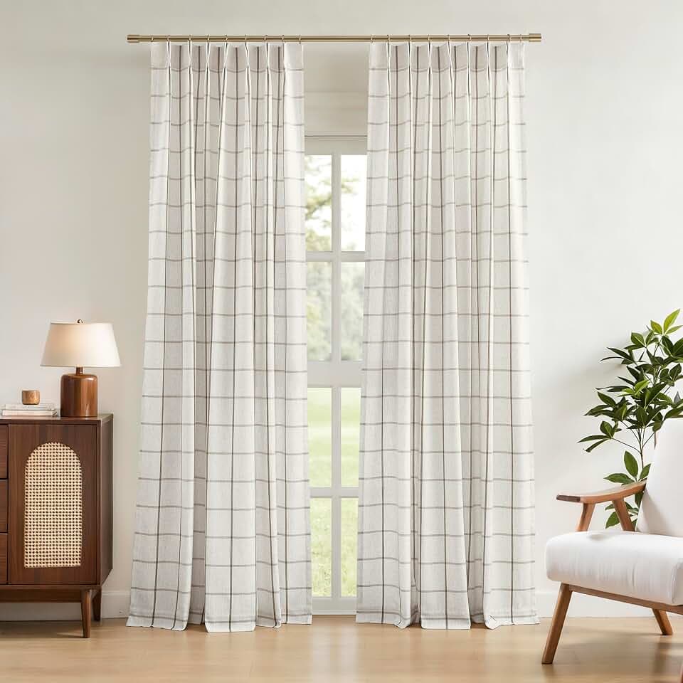 Vision Home Tan Plaid Linen Pinch Pleated Semi Sheer Curtains 40Wx102Lx2