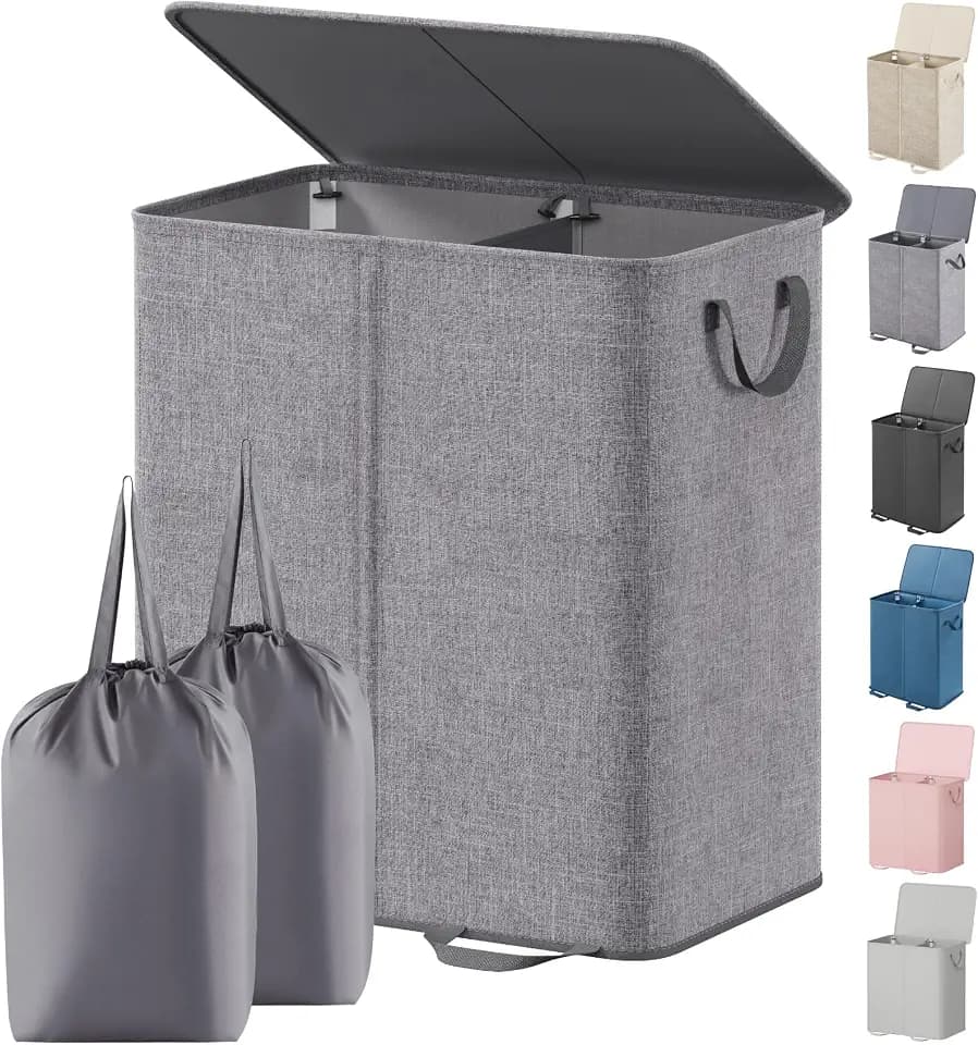 Lifewit Double Laundry Hamper with Lid, Removable Laundry Bags, Gray
