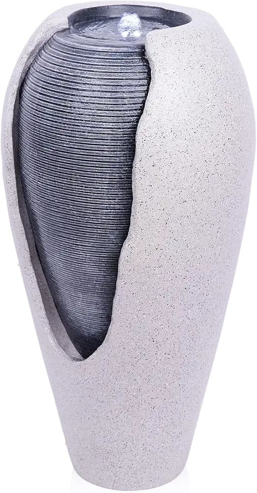 Alpine Corporation - 29" Tall Two Tone Ribbed Jar Floor Fountain with LED Lights – Elegant Indoor/Outdoor Water Feature, Easy Setup with Pump & Plug-in Design (Gray)