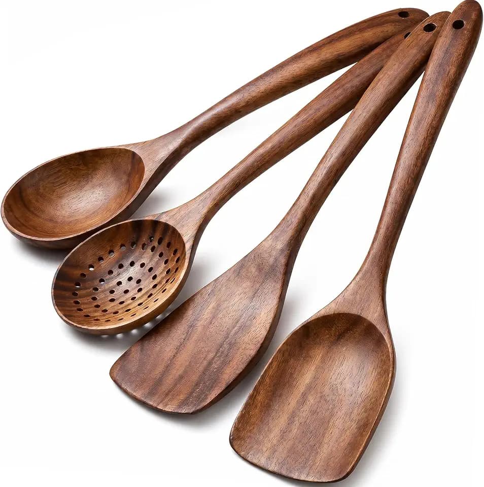 4-Piece Teak Wooden Spoons for Cooking - Wooden Utensils Set