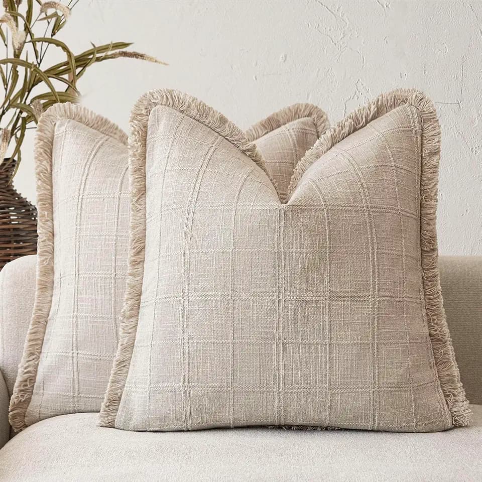 Foindtower Set of 2 Decorative Linen Check Fringe Throw Pillow Covers Farmhouse Vintage Cushion Covers Modern Boho Home Decor for Sofa Chair Couch Bedroom Living Room,18×18 Inch,Natural Linen