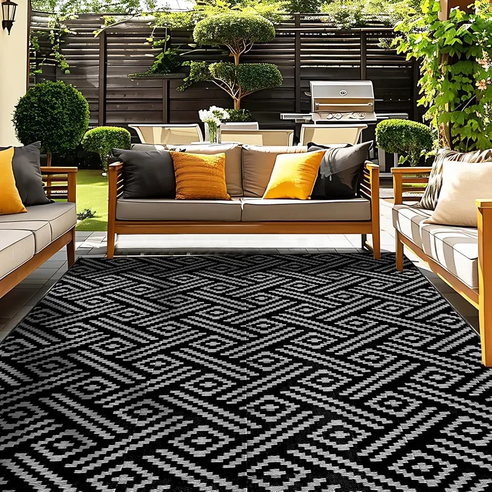 OPPODREAM Outdoor Rug 6x9, Plastic Straw Rug for Patio, Grey & Black