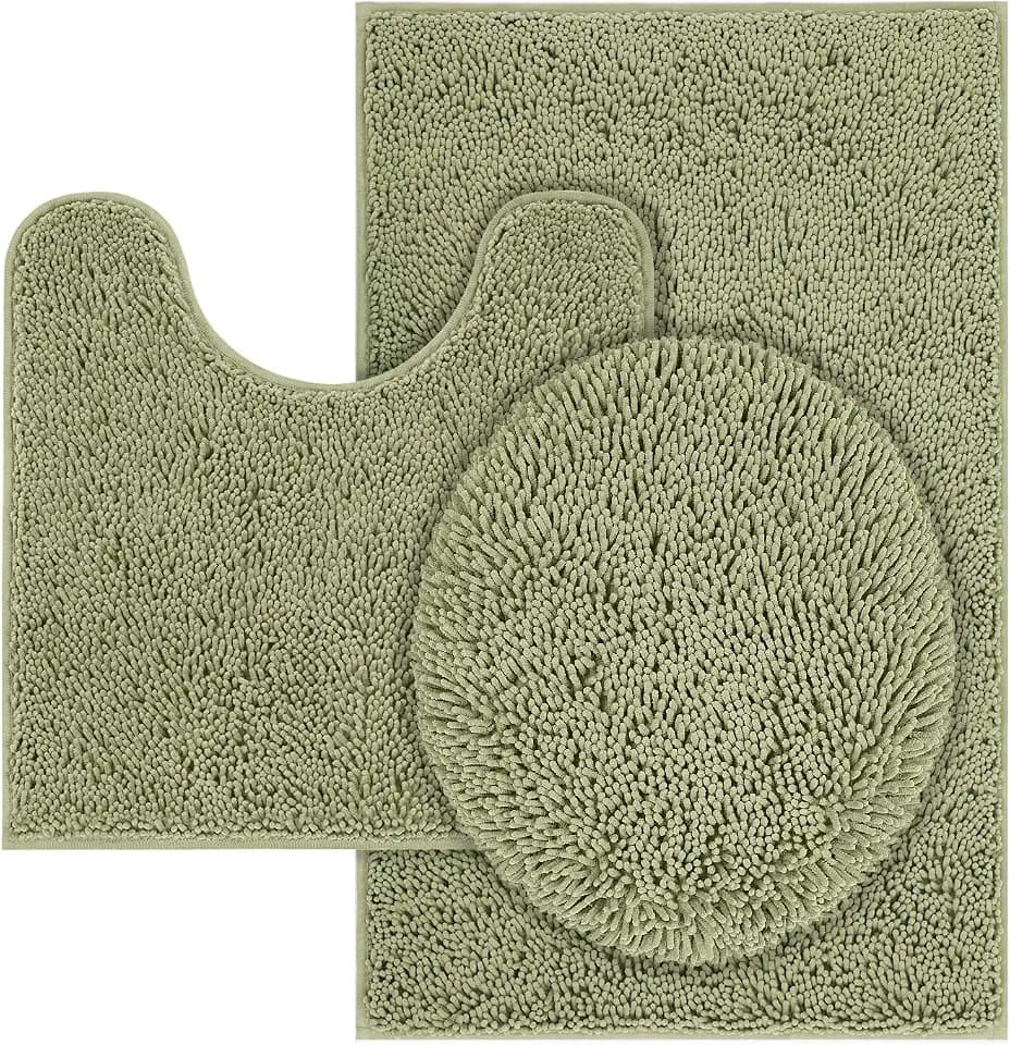 Bathroom Rugs 3 Piece Set, Non Slip Washable Chenille Bath Mat, Sage Green