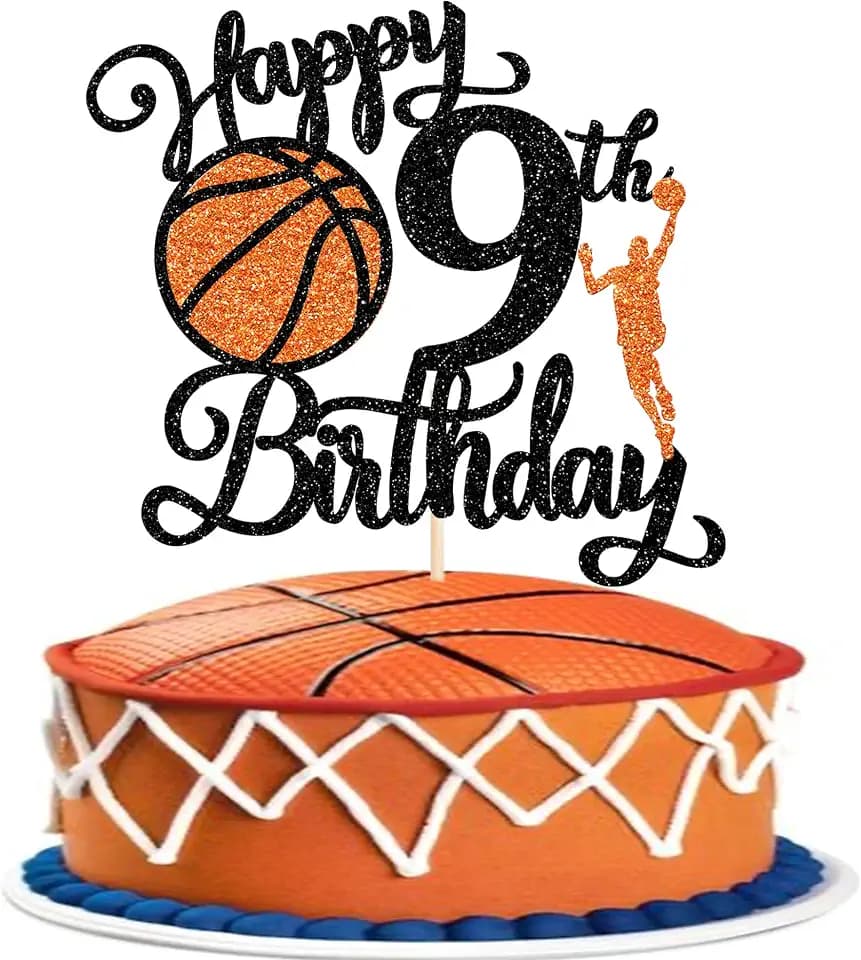 Rsstarxi 1 Pack Happy 9th Birthday Cake Topper Black Glitter Basketball Sports Cake Pick Cheers to 9 Years Cake Decorations for Basketball Theme Birthday Party Supplies