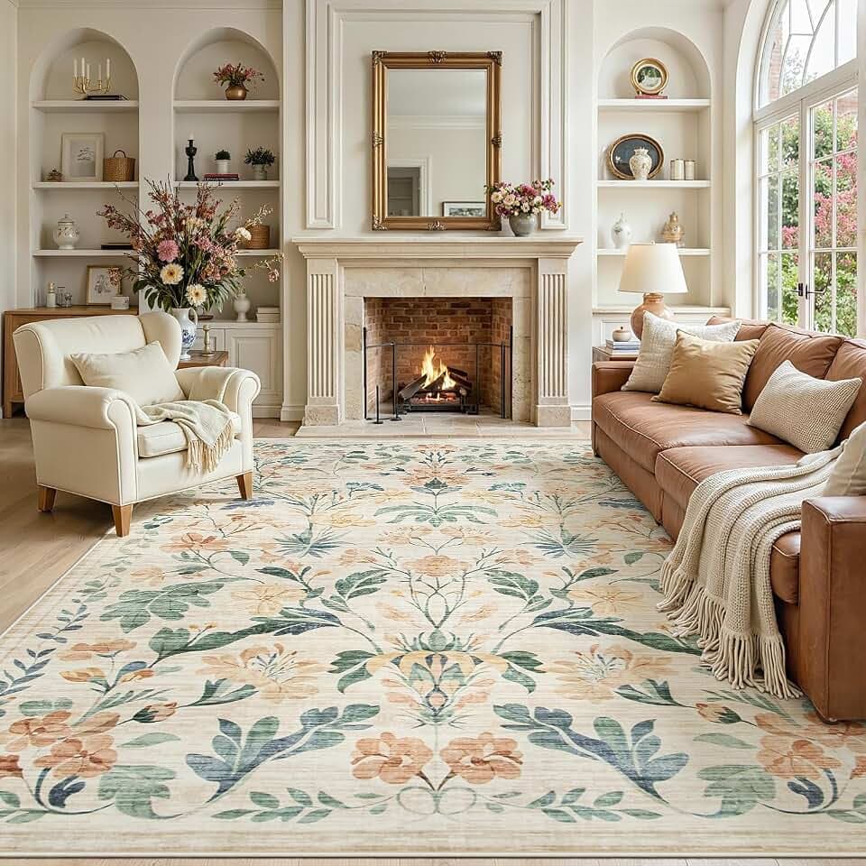8x10 Area Rugs Boho Floral Washable Living Room Rug Neutral Carpet Bedroom