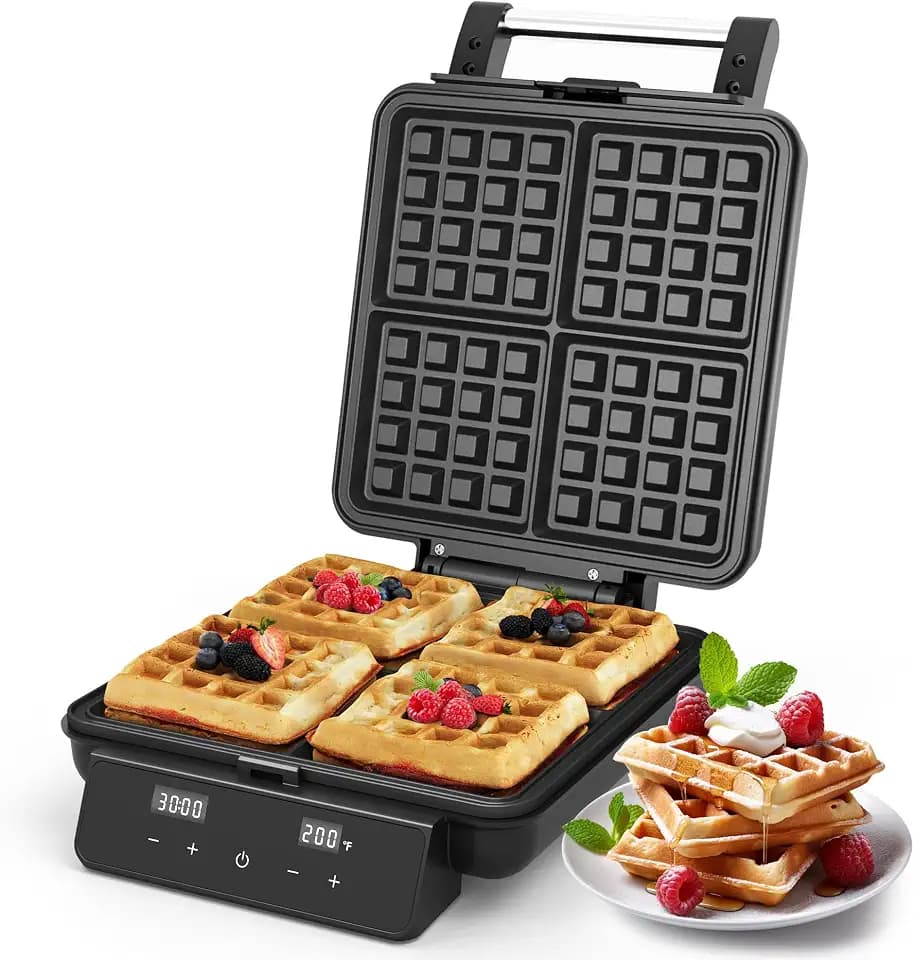 1200W Belgian Waffle Maker with 4-Slice, Waffle Iron with Nonstick Plates, Time & Temp Control, LCD Display, Perfect Waffle Machine for Kids and Families, Stainless Steel, Silver