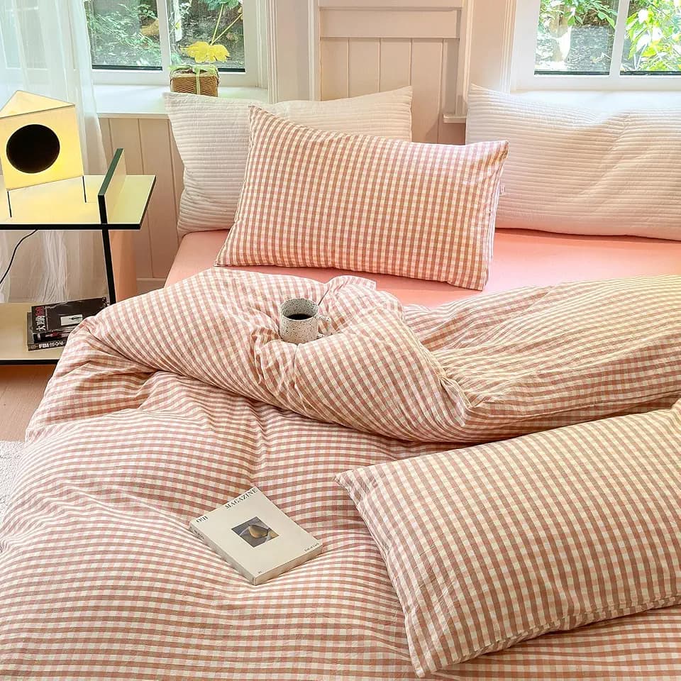 LifeTB Queen Comforter Set 3 Pieces Pink Gingham Comforter Modern Style Blush Plaid Comforter Set Fluffy Soft Farmhouse Gingham Bedding Grid Checkered Comforter Queen with 2 Pillowcases