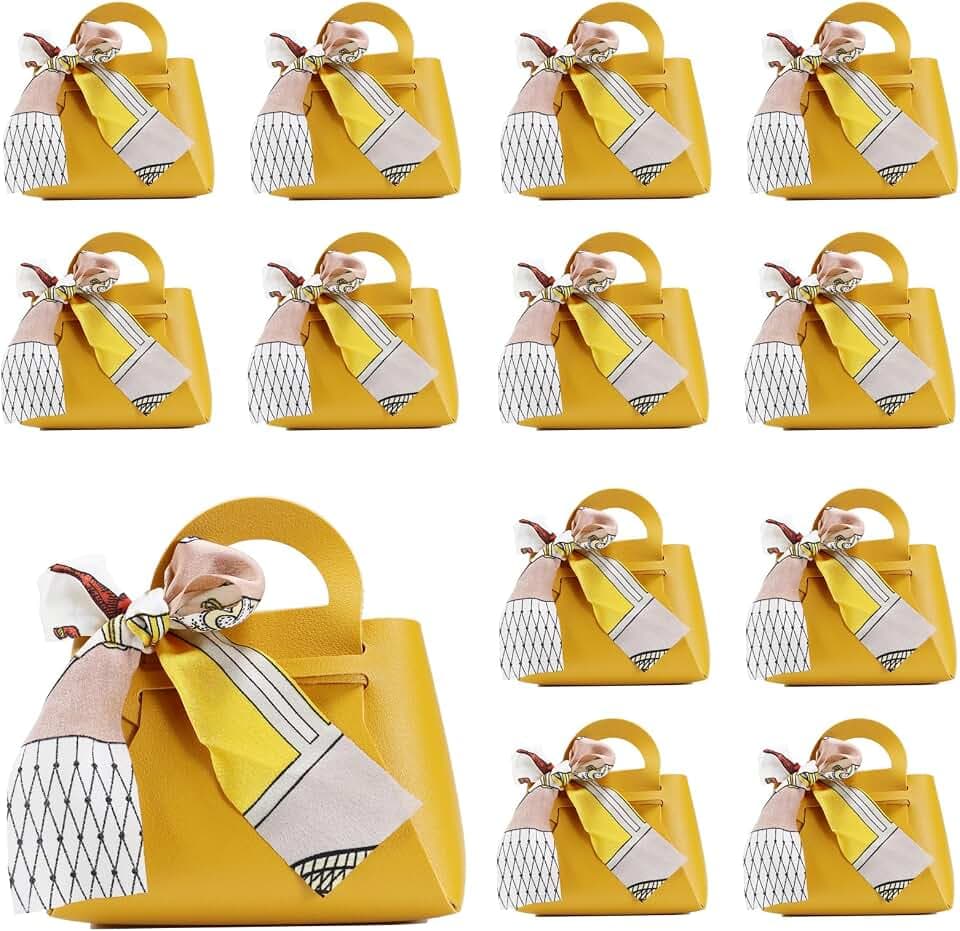 LPEIEB 12 Pack Leather Ribbon Candy Bag Gift Bags PU Wedding Gift Bags with Handle Ribbon Reusable Party Favor Boxes for Weddings Birthdays Christmas Baby Showers Halloween(Yellow)