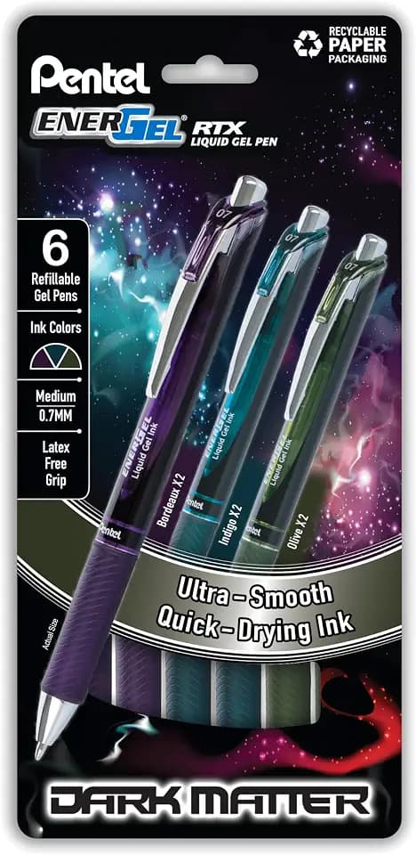 Pentel EnerGel RTX Dark Matter Liquid Gel Pen, (0.7mm), Assorted Dark Ink Colors, Pack of 6 (BL77DMPF6M)
