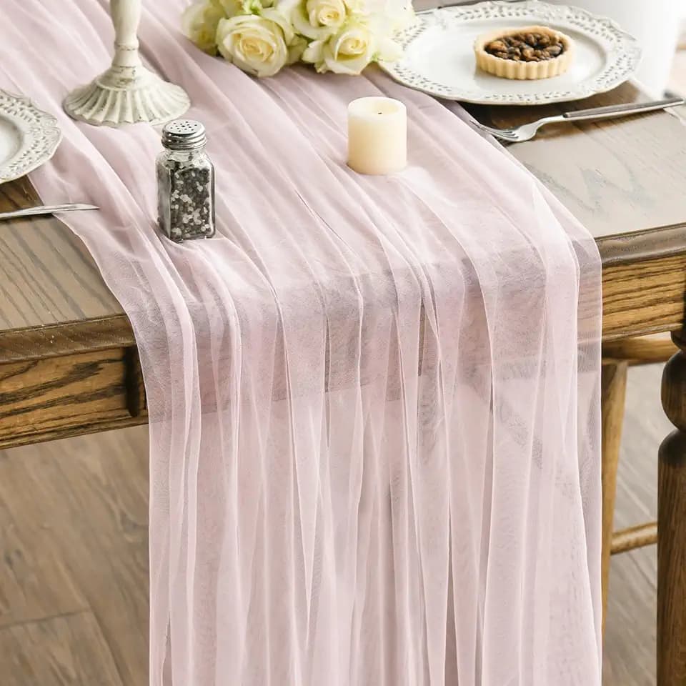 Artoid Mode 6PCS Blushing Pink Gauze Table Runner 120 Inch 10FT, Seasonal Sheer Kitchen Dining Holiday Wedding Birthday Baby Shower Table Decor for Home Party