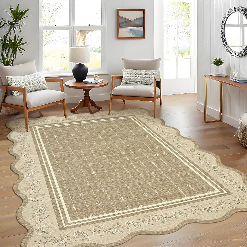 Washable Rug Scalloped Rug 5x7 Area Rugs for Living Room Soft Rugs for Bedroom Stain Resistant Non Slip Floor Cover for Dining Room Office Nursery, Light Brown