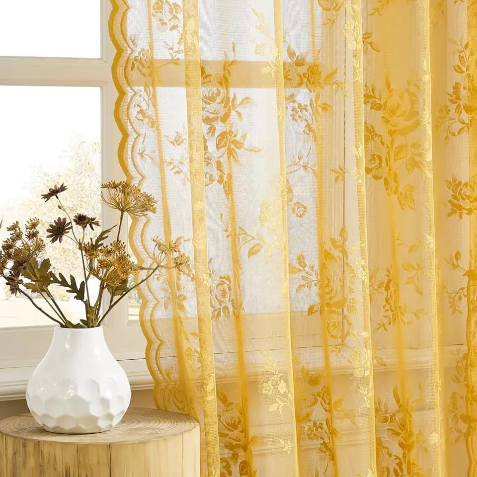 Golden Yellow Lace Curtains 84 Inches Long 2 Panels Country Flower Sheer Curtains for Bedroom Living Room Neutral Fall Decor Rod Pocket Light Filtering Drapes for Casual Halloween Autumn, 52x84