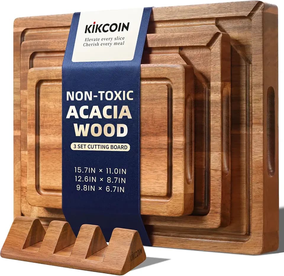 Kikcoin Food Safe Acacia Wood Cutting Board Set, Reversible Tray