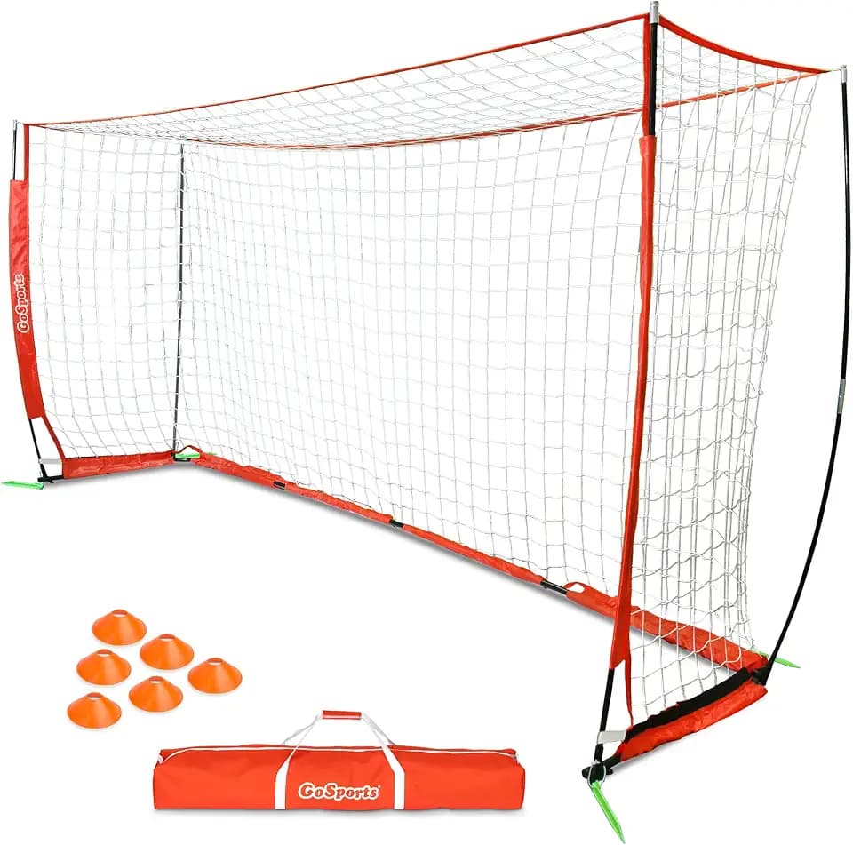 GoSports Elite Soccer Goals - 12 x 6 ft and 6 x 4 ft Portable Soccer Nets for Games or Practice - Includes 6 Cones, Carrying Case, and Ground Stakes