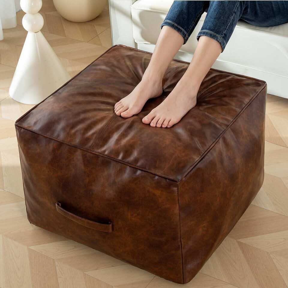 HIGOGOGO Square Stuffed Pouf Ottoman, Pu Leather Poufs with Foam Chunk Filling, Furry and Fluffy Pouf Foot Stool Storage Ottoman,20 X 14 Inches Floor Poufs Foot Rest for Living Room, Dark Brown