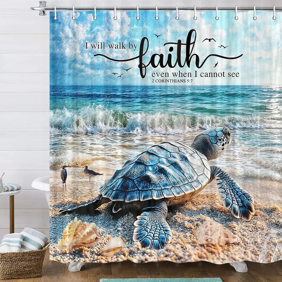 Sea Turtle Shower Curtain with Bible Verse, Blue Teal Ocean Bathroom Decor Christian Scripture Quote Bath Curtain Christian Faith Bath Set Coastal Theme Bathroom Accessories Hooks Included 72X72IN