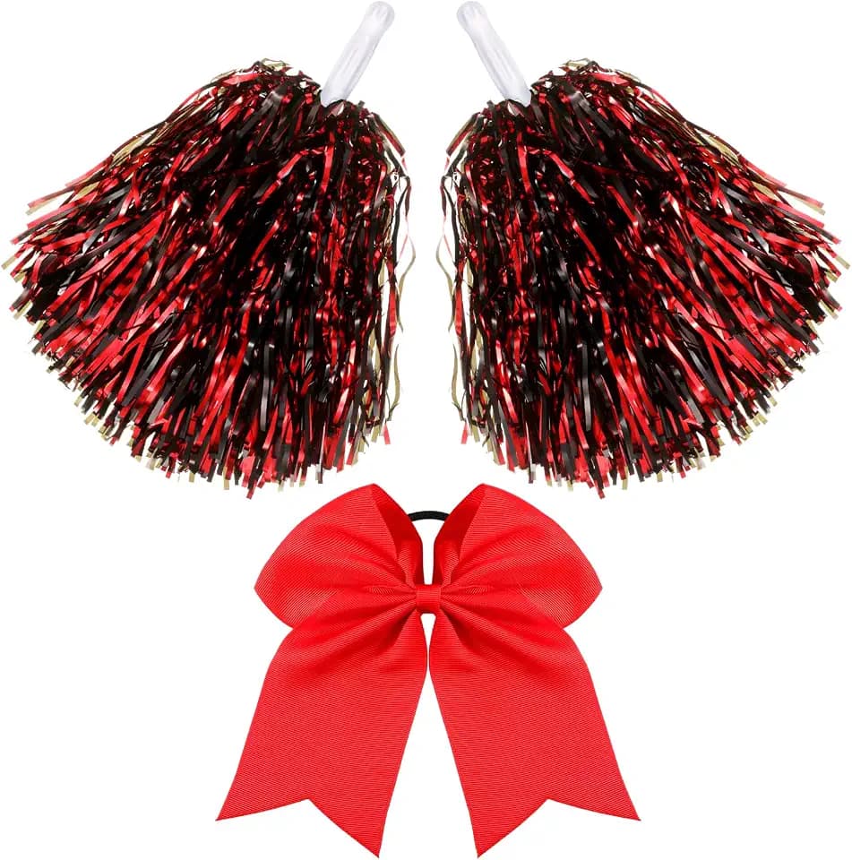 Hanaive 3 Pcs Cheerleading Pom Pom and Large Hair Bow, Red Black